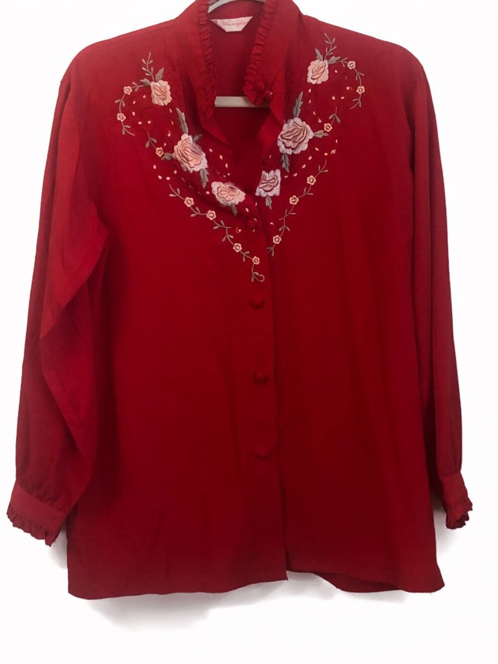 Vintage Yimengkang Red Blouse with Heart Shaped Embroidery